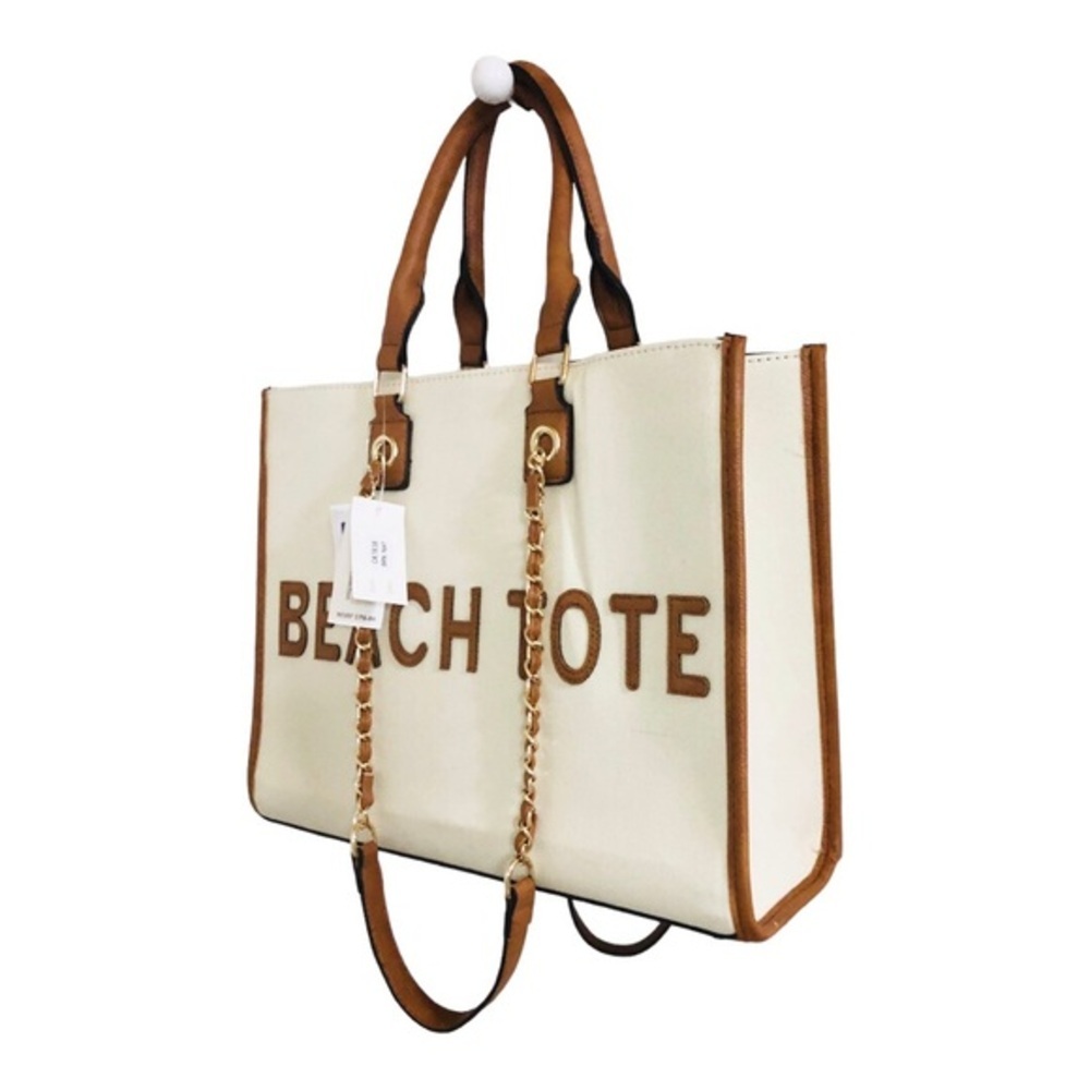 Cee Klein canvas brown trim gold chain strap crossbody ‘beach tote’ tote bag - Picture 2 of 16